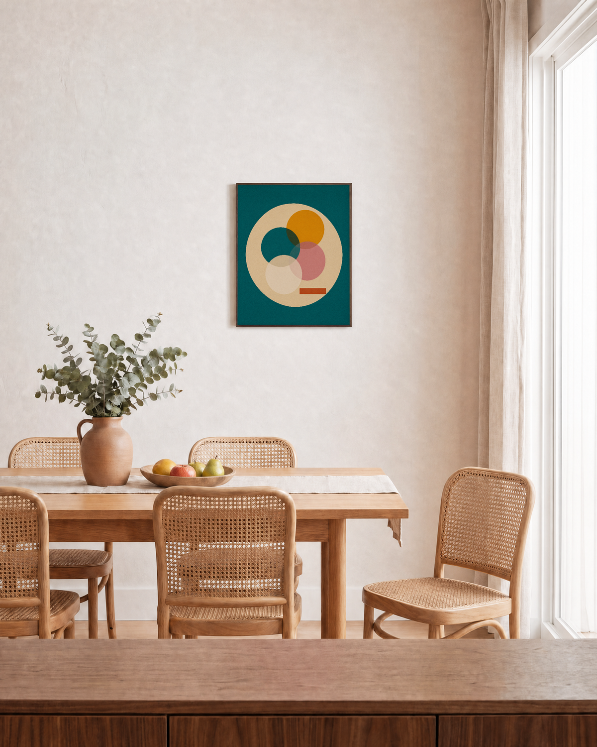 Circle Stack teal circle geometric wall art: unframed print is shown framed for styling in a dining room; frame not included