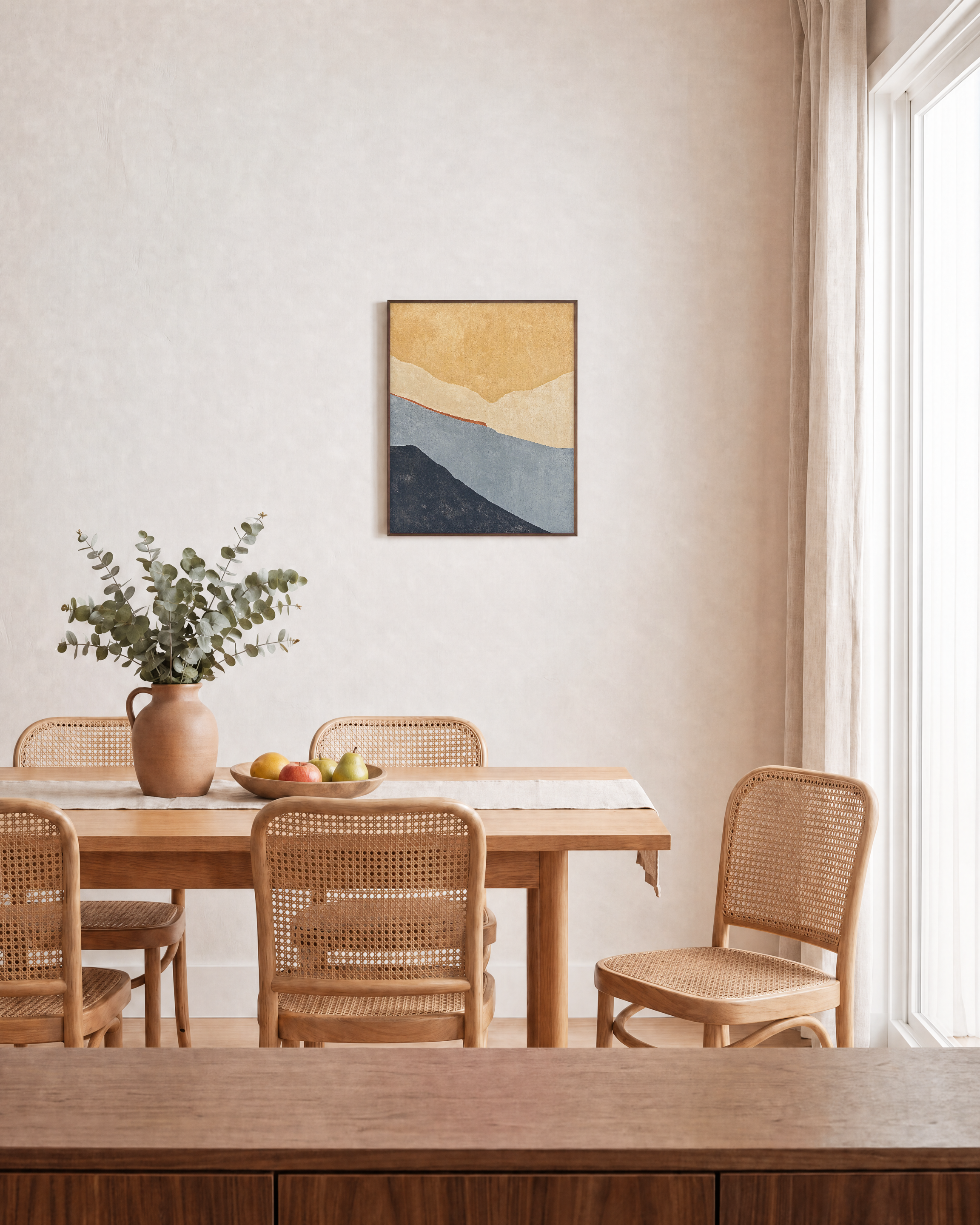 Layered Soft Planes unframed print is shown framed for styling in a dining room; frame not included
