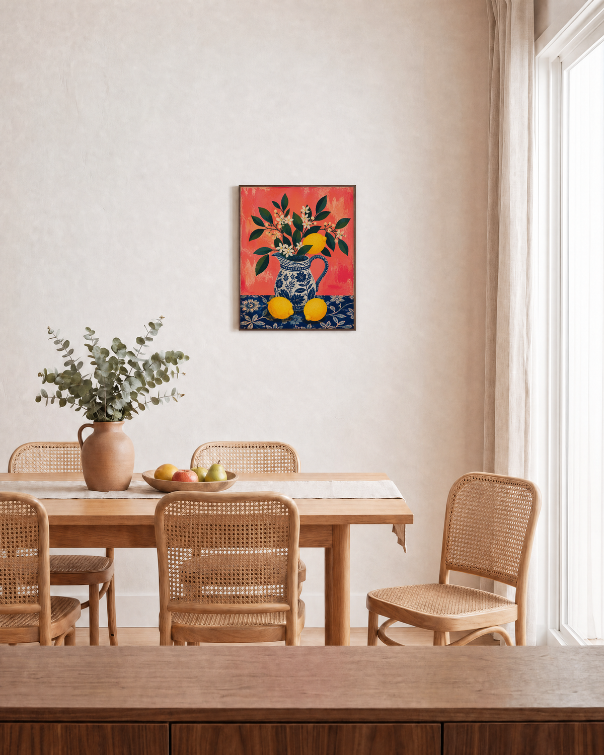 Lemon Pitcher lemon pitcher wall art: unframed print is shown framed for styling in a dining room; frame not included