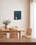 Teal Willow Pitcher unframed print is shown framed for styling in a dining room; frame not included
