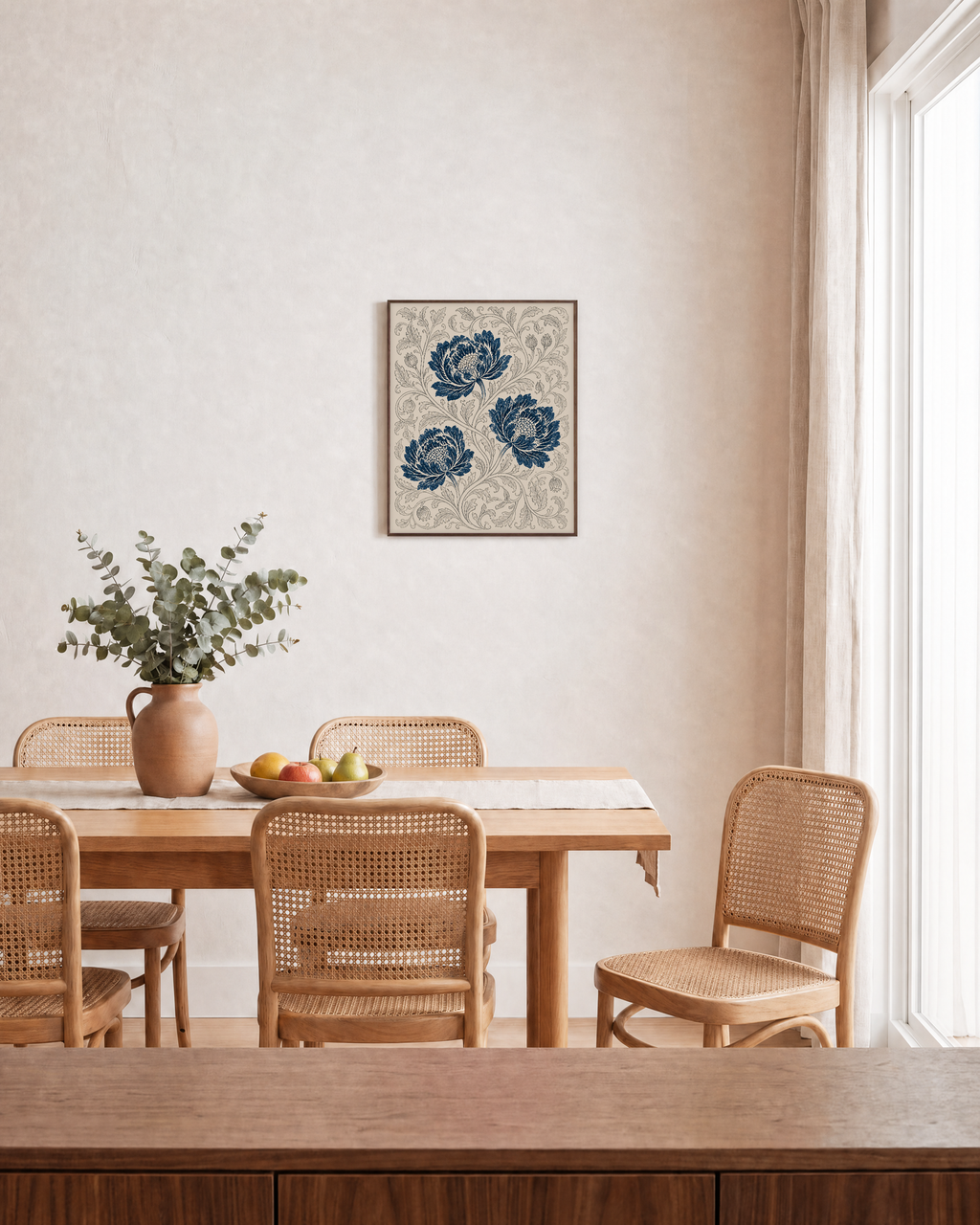 Peony Lattice indigo peony wall art: unframed print is shown framed for styling in a dining room; frame not included