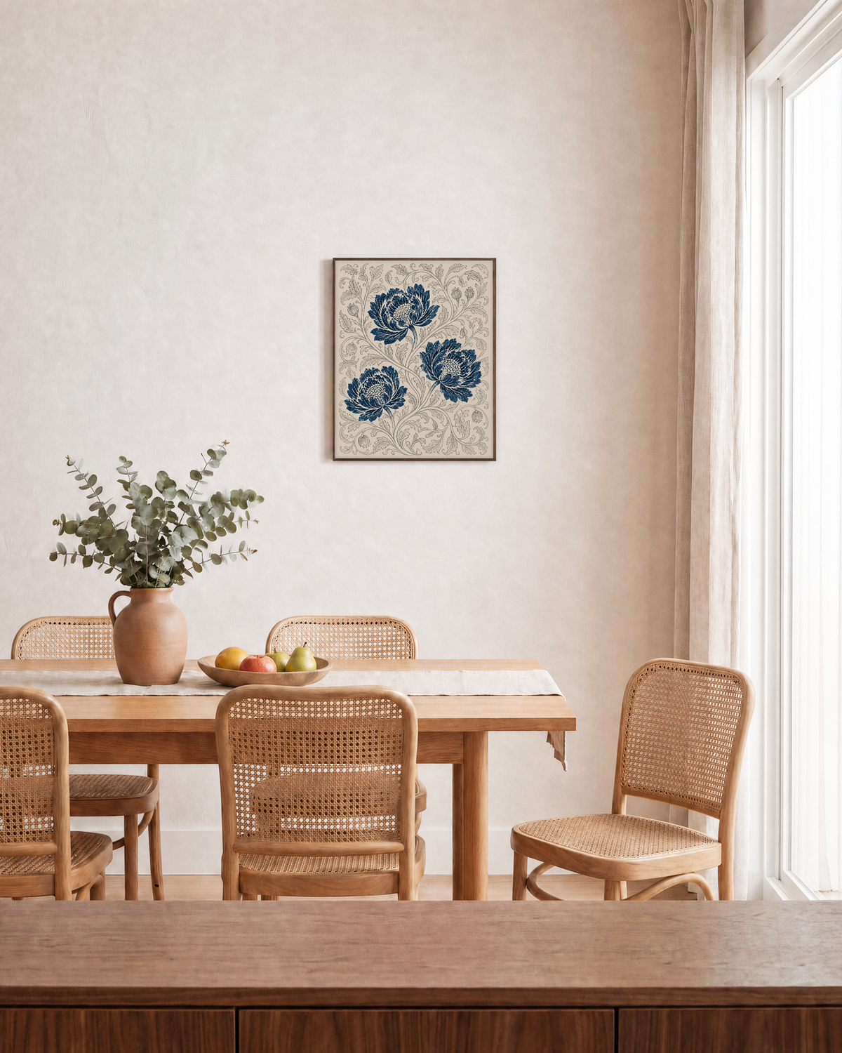 Peony Lattice indigo peony wall art: unframed print is shown framed for styling in a dining room; frame not included