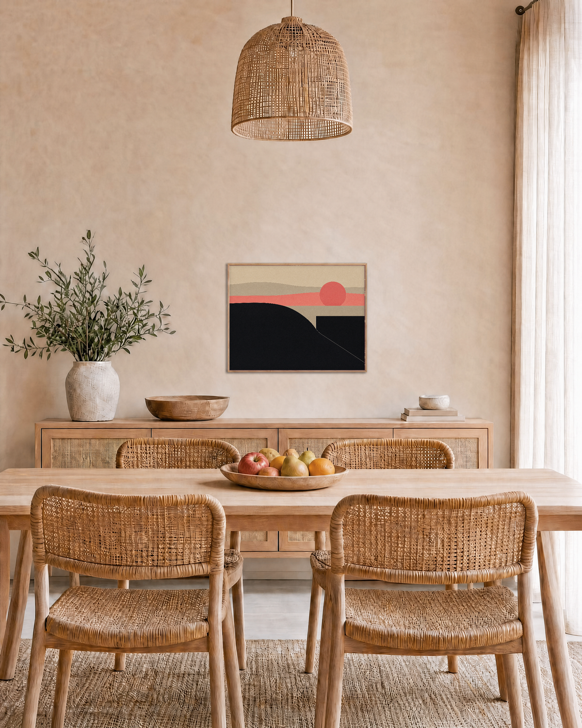 Dusk Hill black hill wall art: unframed print is shown framed for styling in a dining room; frame not included