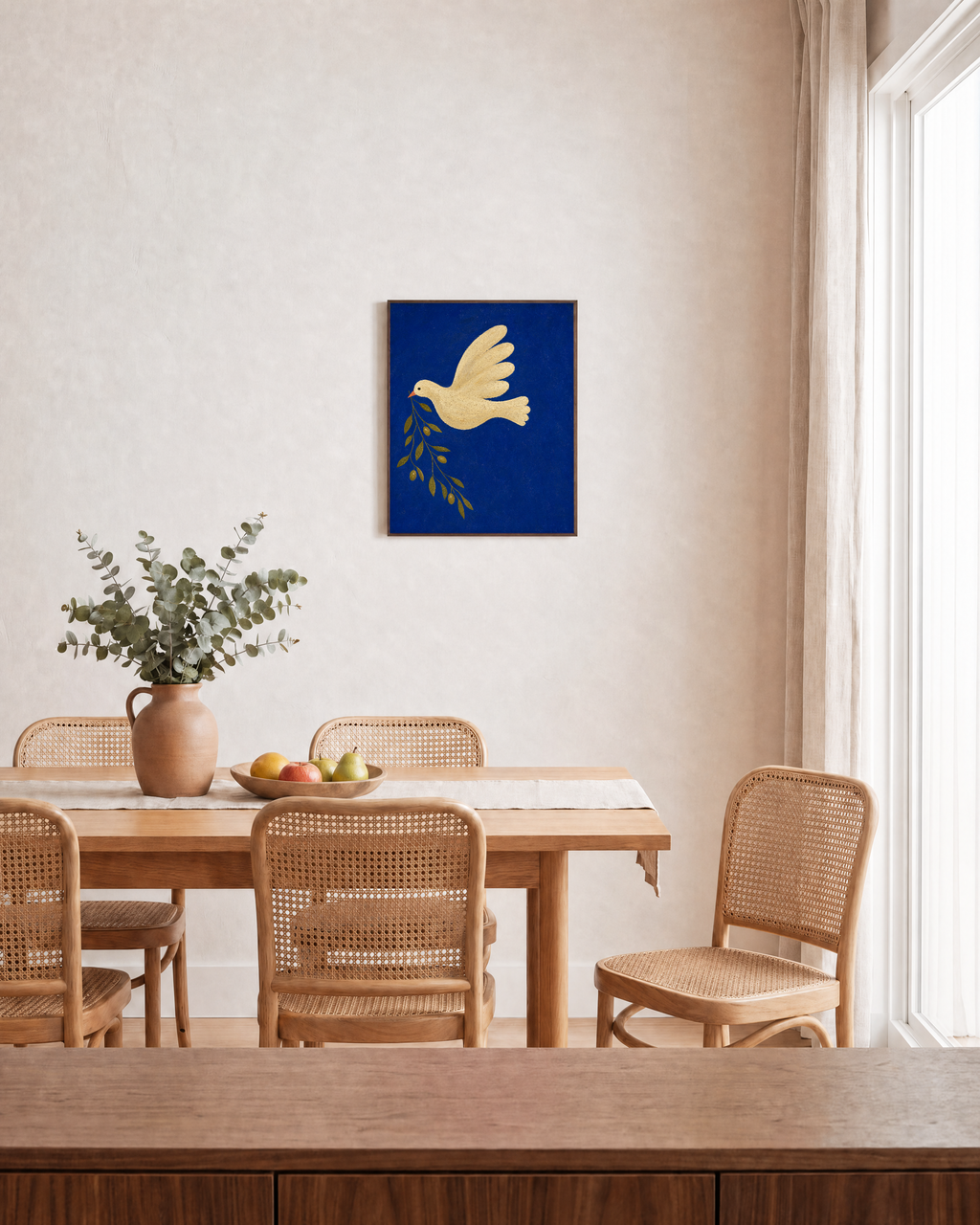 Dove Branch Blue unframed print is shown framed for styling in a dining room; frame not included