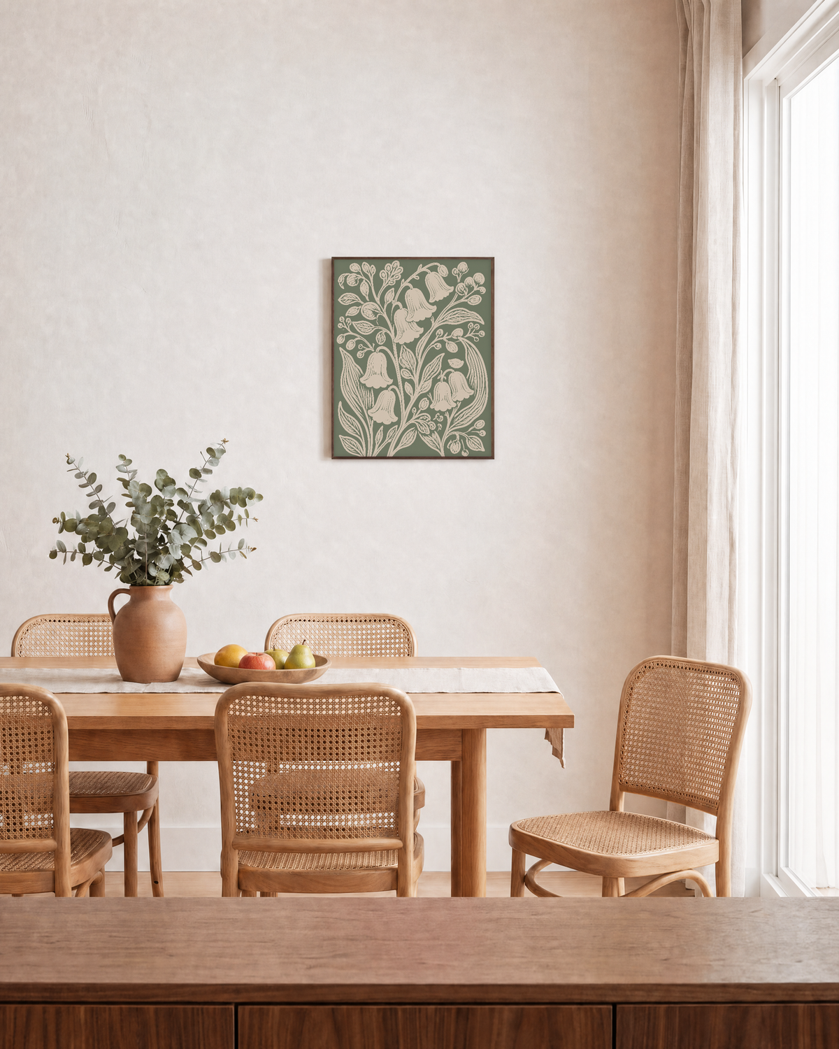 Bell Garden cream bell sage panel wall art: unframed print is shown framed for styling in a dining room; frame not included