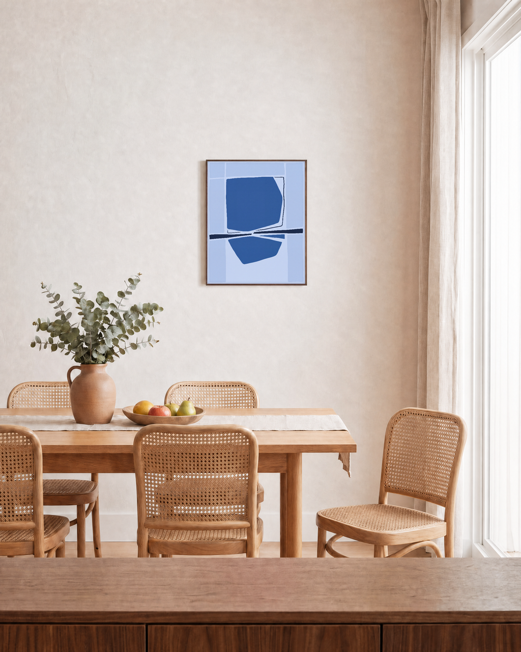 Azure Reflection unframed print is shown framed for styling in a dining room; frame not included