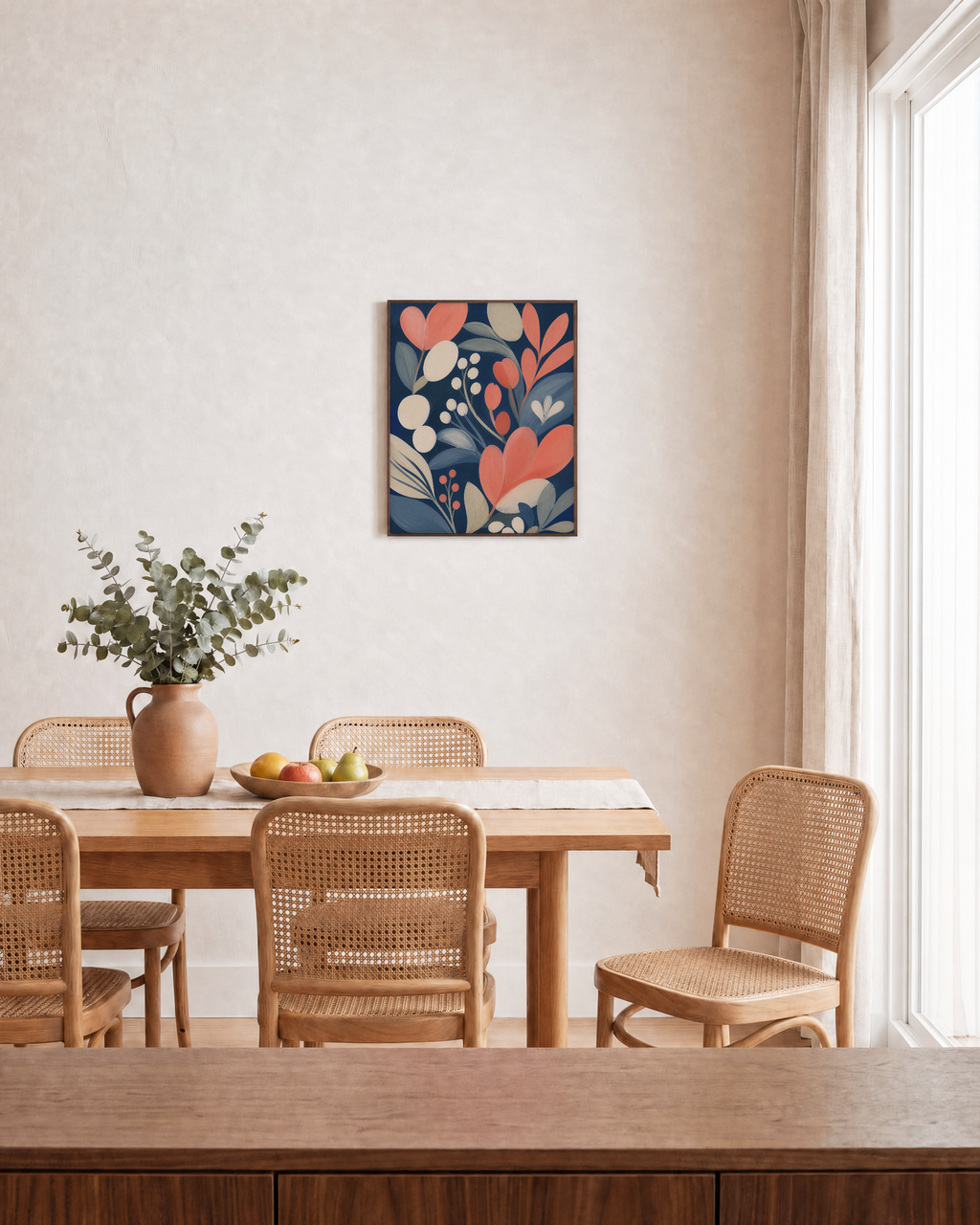 Coral Bloom floral vintage wall art: unframed print is shown framed for styling in a dining room; frame not included