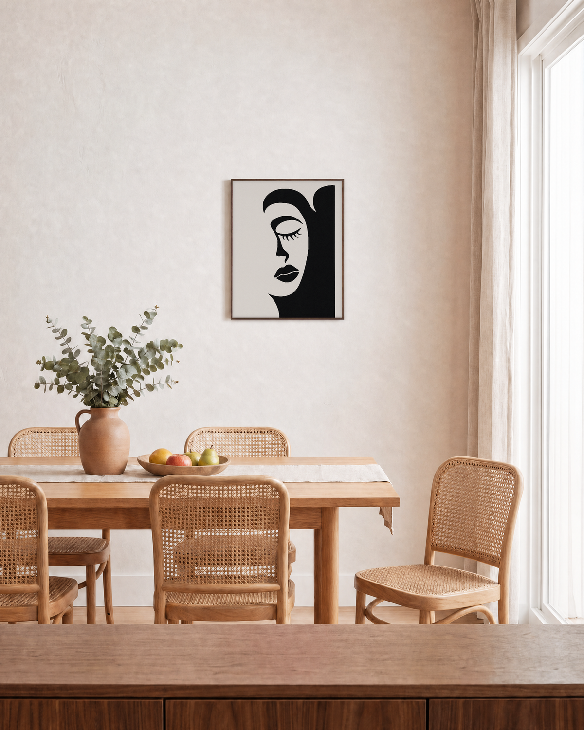 Spare Face graphic face print: unframed print is shown framed for styling in a dining room; frame not included
