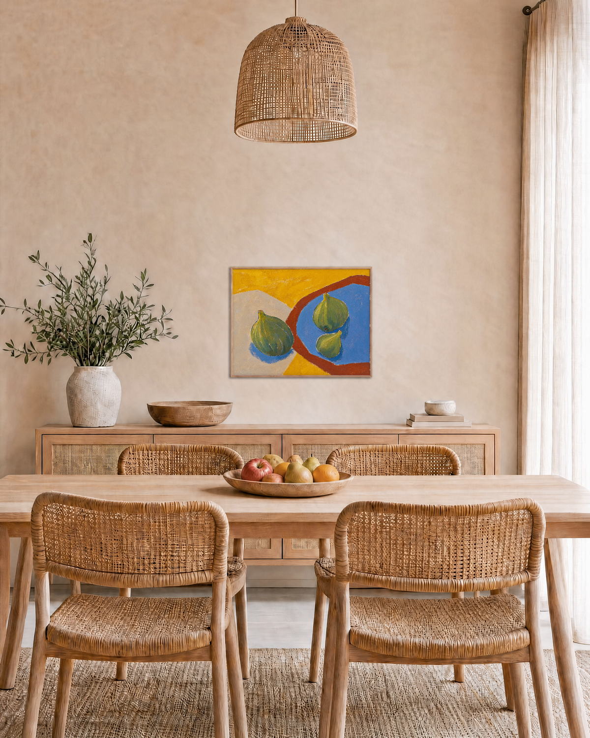 Three Figs on a Plate Edge figs on a blue plate wall art print: unframed print is shown framed for styling in a dining room; frame not included