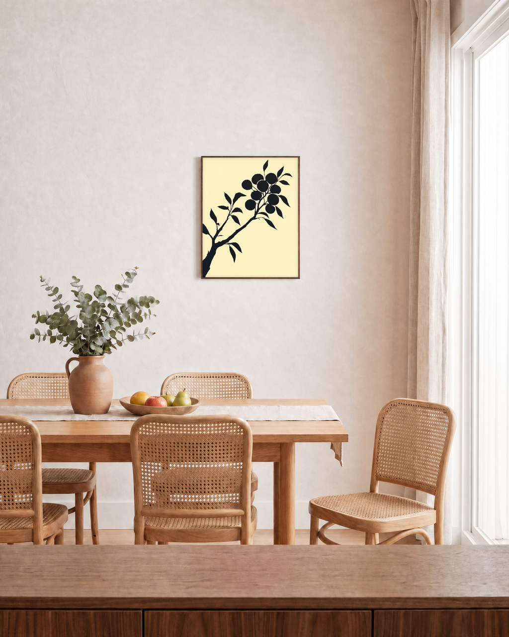 Ink Branch Fruit unframed print is shown framed for styling in a dining room; frame not included