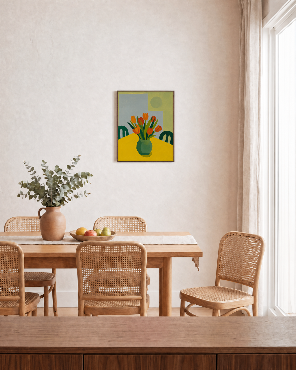 Breakfast Tulips tulip wall art: unframed print is shown framed for styling in a dining room; frame not included