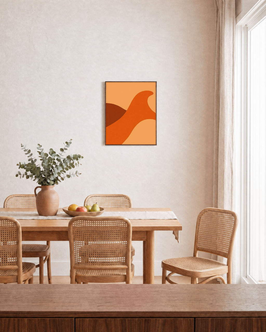Dune Sweep unframed print is shown framed for styling in a dining room; frame not included