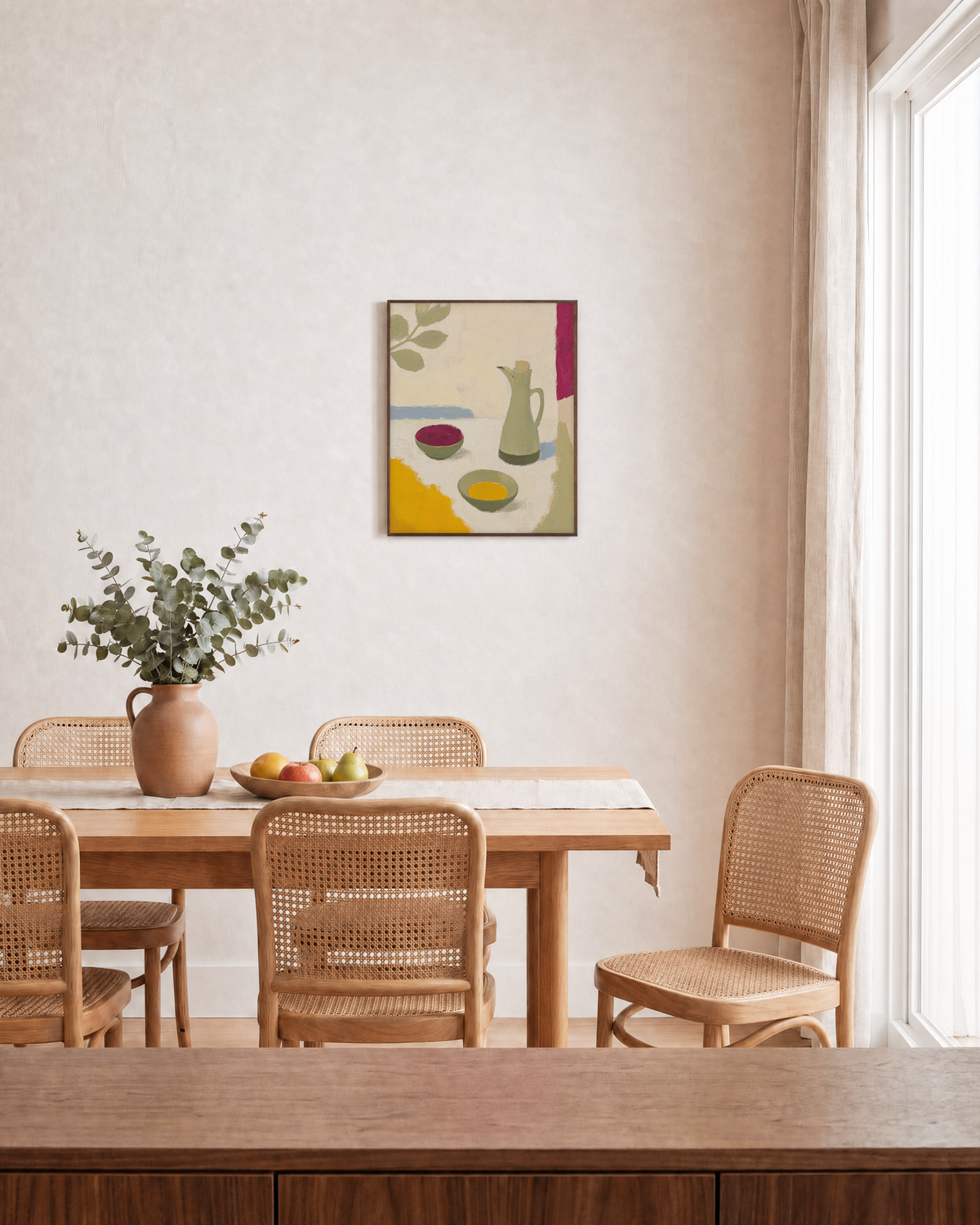 Jug with Leaf and Bowls jug bowl and leaf branch wall art print: unframed print is shown framed for styling in a dining room; frame not included