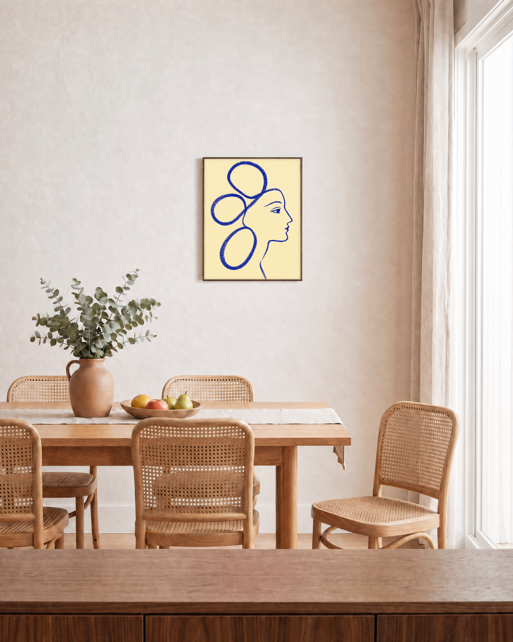Indigo Profile Line unframed print is shown framed for styling in a dining room; frame not included