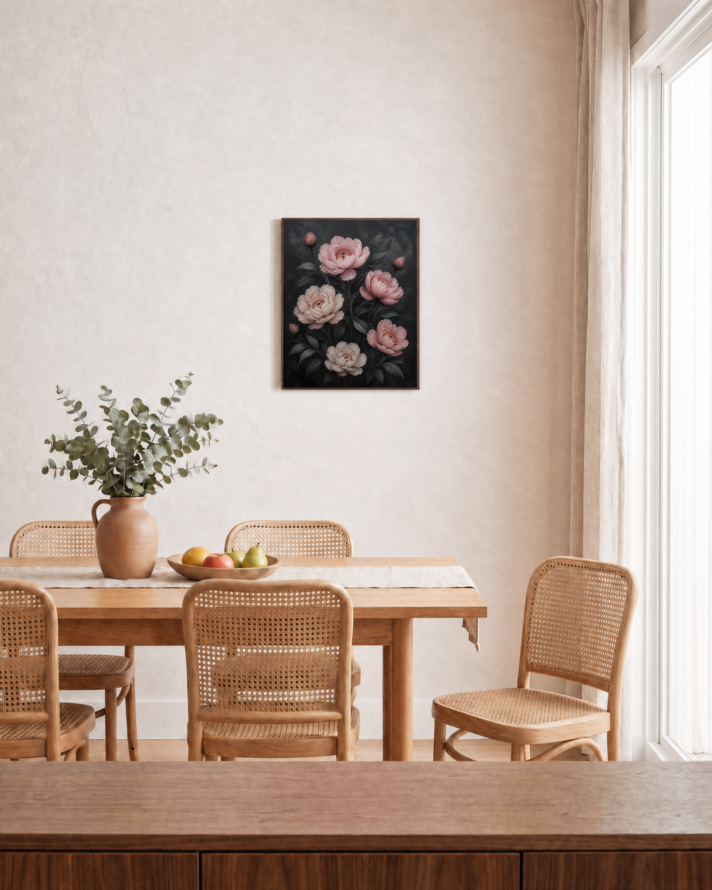 Charcoal Peonies charcoal peony print: unframed print is shown framed for styling in a dining room; frame not included