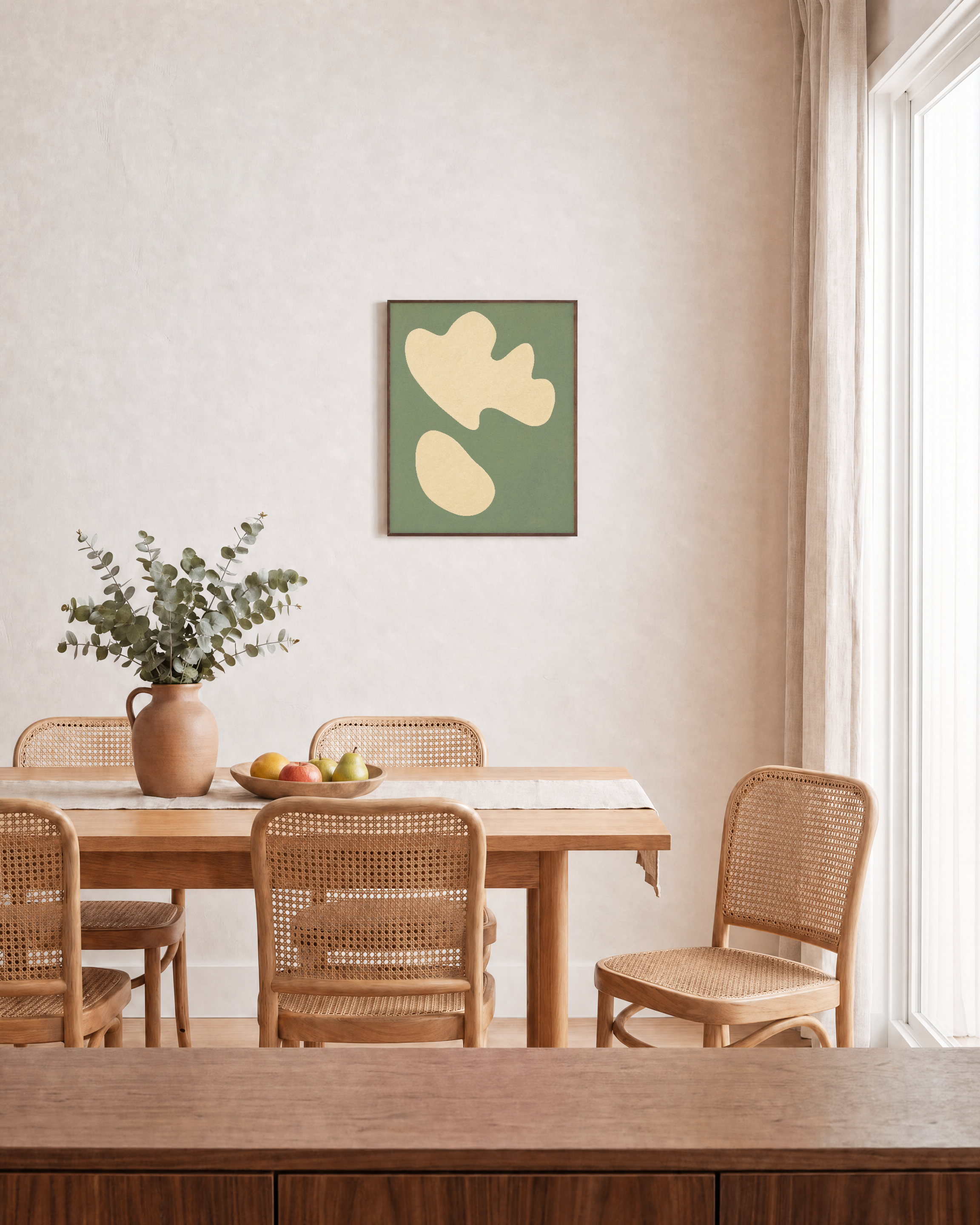 Cream Cutouts Sage unframed print is shown framed for styling in a dining room; frame not included
