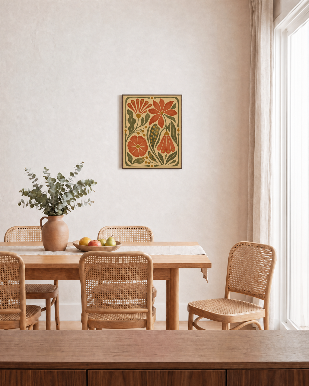 Flower Hour art nouveau prints: unframed print is shown framed for styling in a dining room; frame not included
