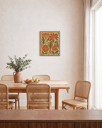 Flower Hour art nouveau prints: unframed print is shown framed for styling in a dining room; frame not included