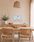Wide Step Press edition unframed print is shown framed for styling in a dining room; Frame not included