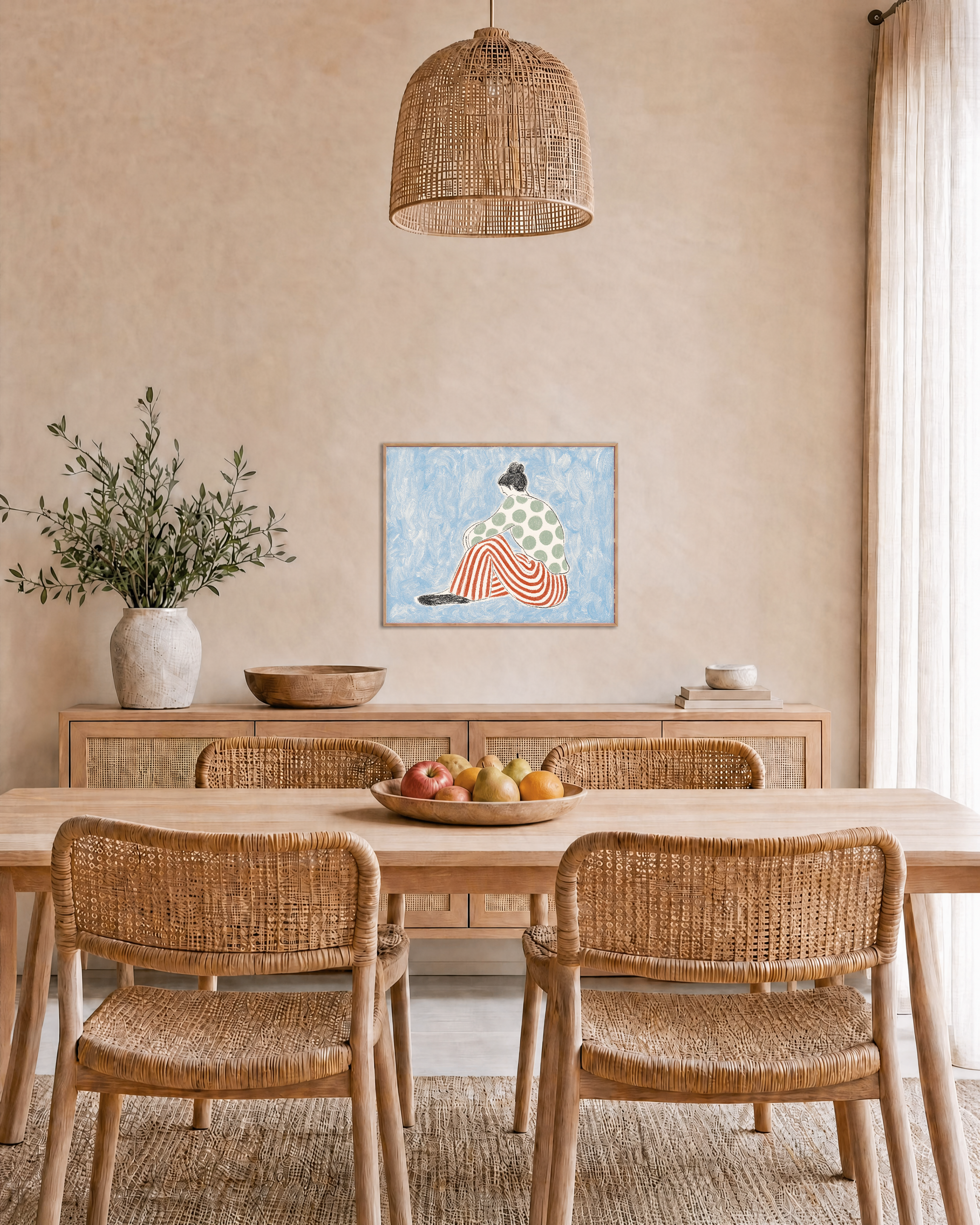 Wide Step Press edition unframed print is shown framed for styling in a dining room; Frame not included
