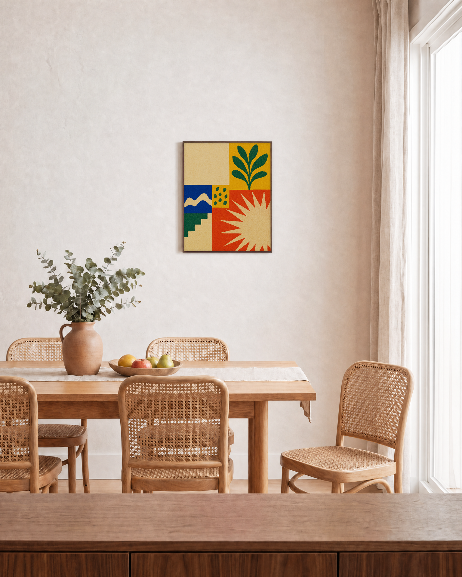 Sun Tile Garden unframed print is shown framed for styling in a dining room; frame not included