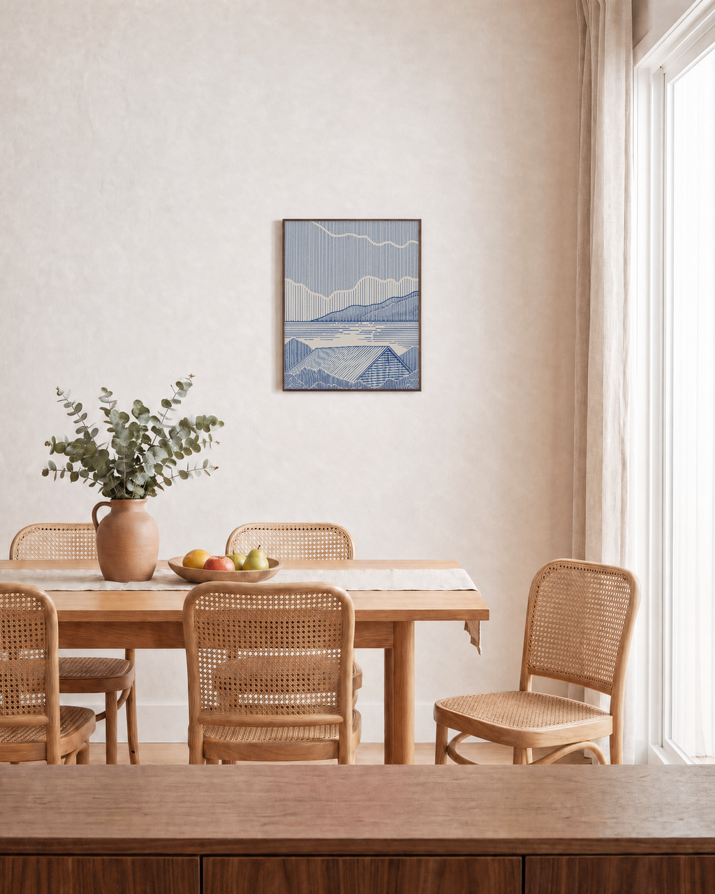 One Roof blue landscape wall art: unframed print is shown framed for styling in a dining room; frame not included
