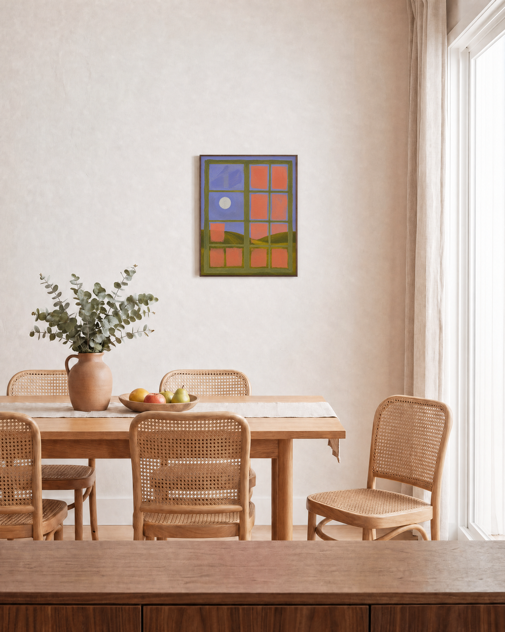 Window Noon grid window sun wall art: unframed print is shown framed for styling in a dining room; frame not included