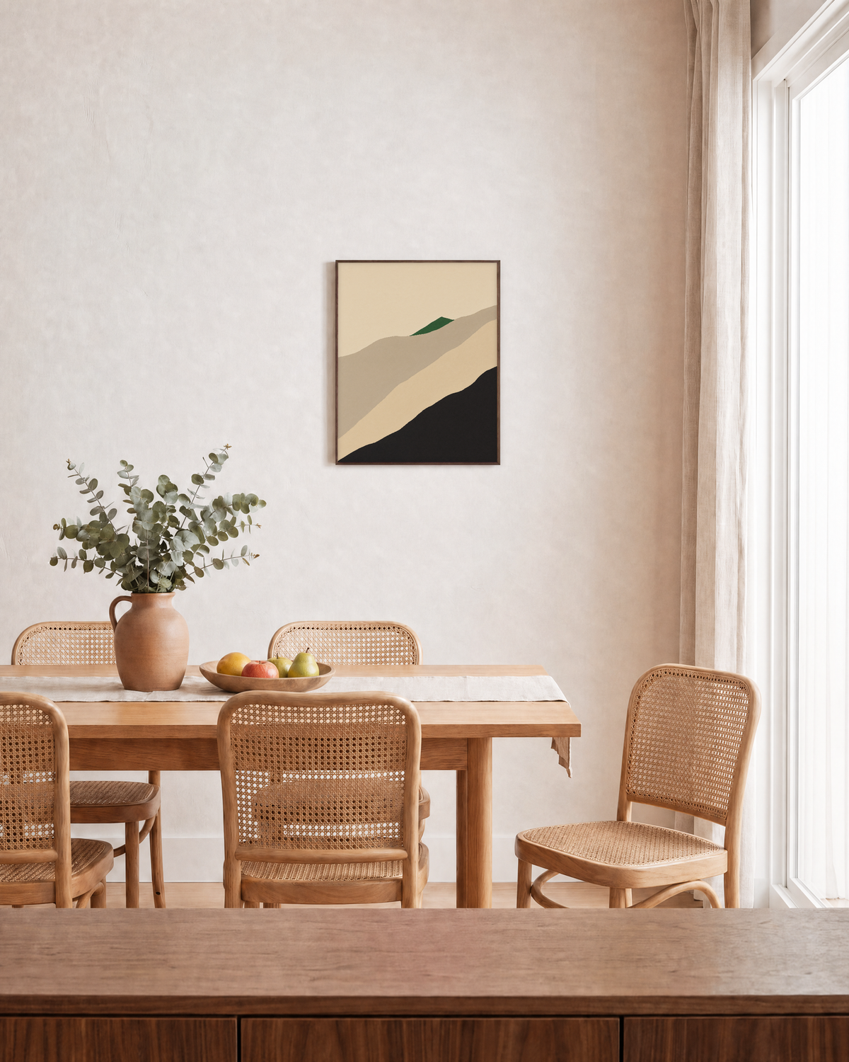 Stacked Neutral Landscape Ridges green geometric wall art: unframed print is shown framed for styling in a dining room; frame not included