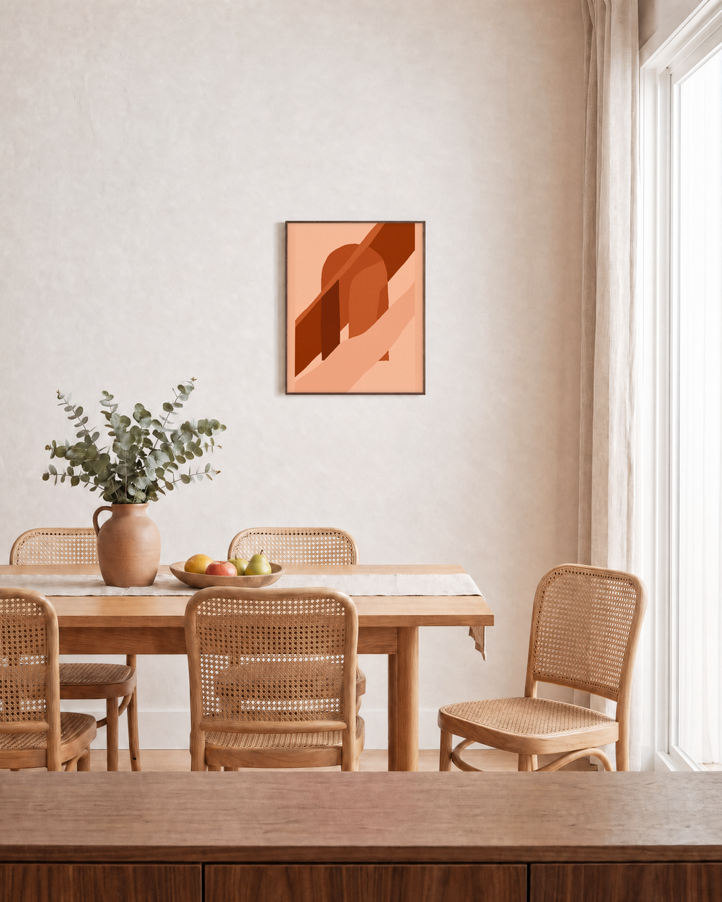 Terracotta Arch unframed print is shown framed for styling in a dining room; frame not included