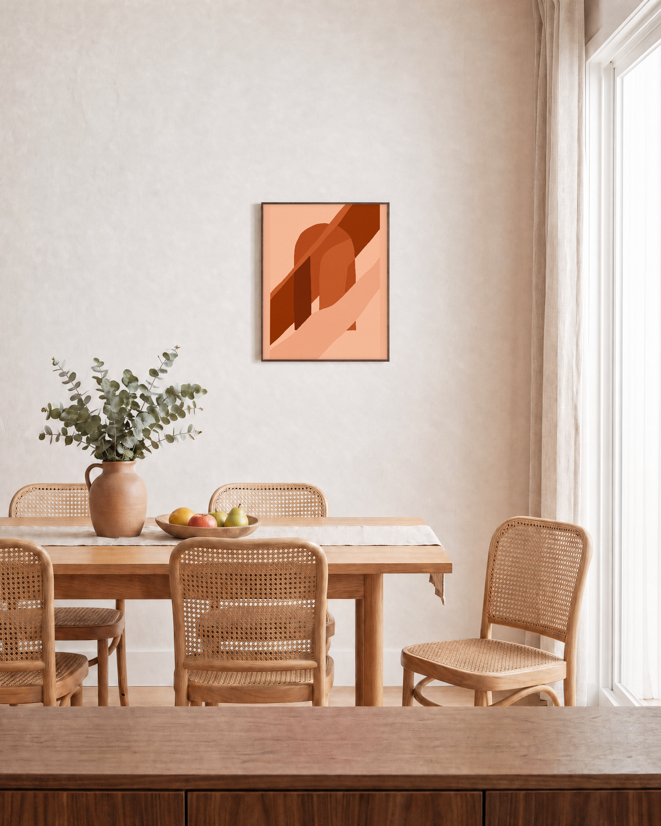 Terracotta Arch unframed print is shown framed for styling in a dining room; frame not included