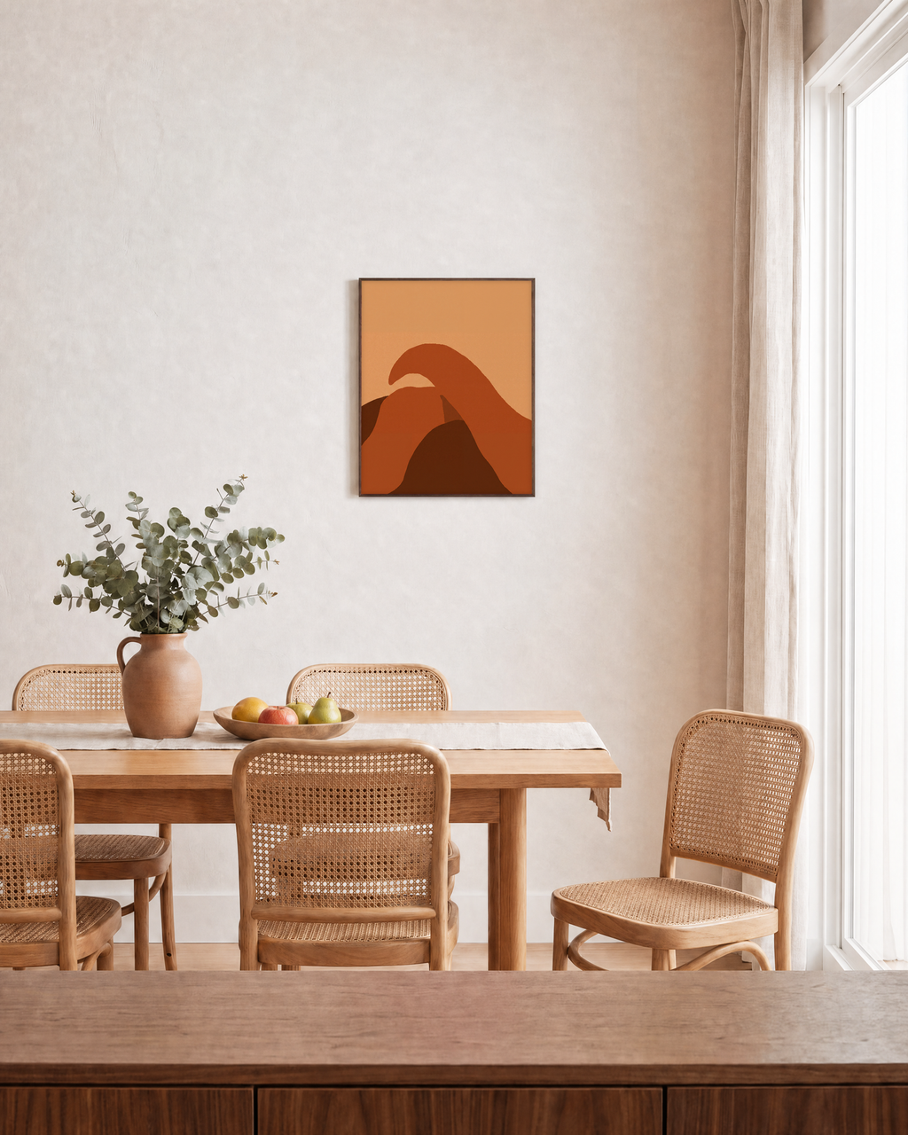 Terracotta Arc on Peach burnt orange abstract wall art: unframed print is shown framed for styling in a dining room; frame not included