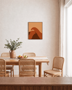 Terracotta Arc on Peach burnt orange abstract wall art: unframed print is shown framed for styling in a dining room; frame not included