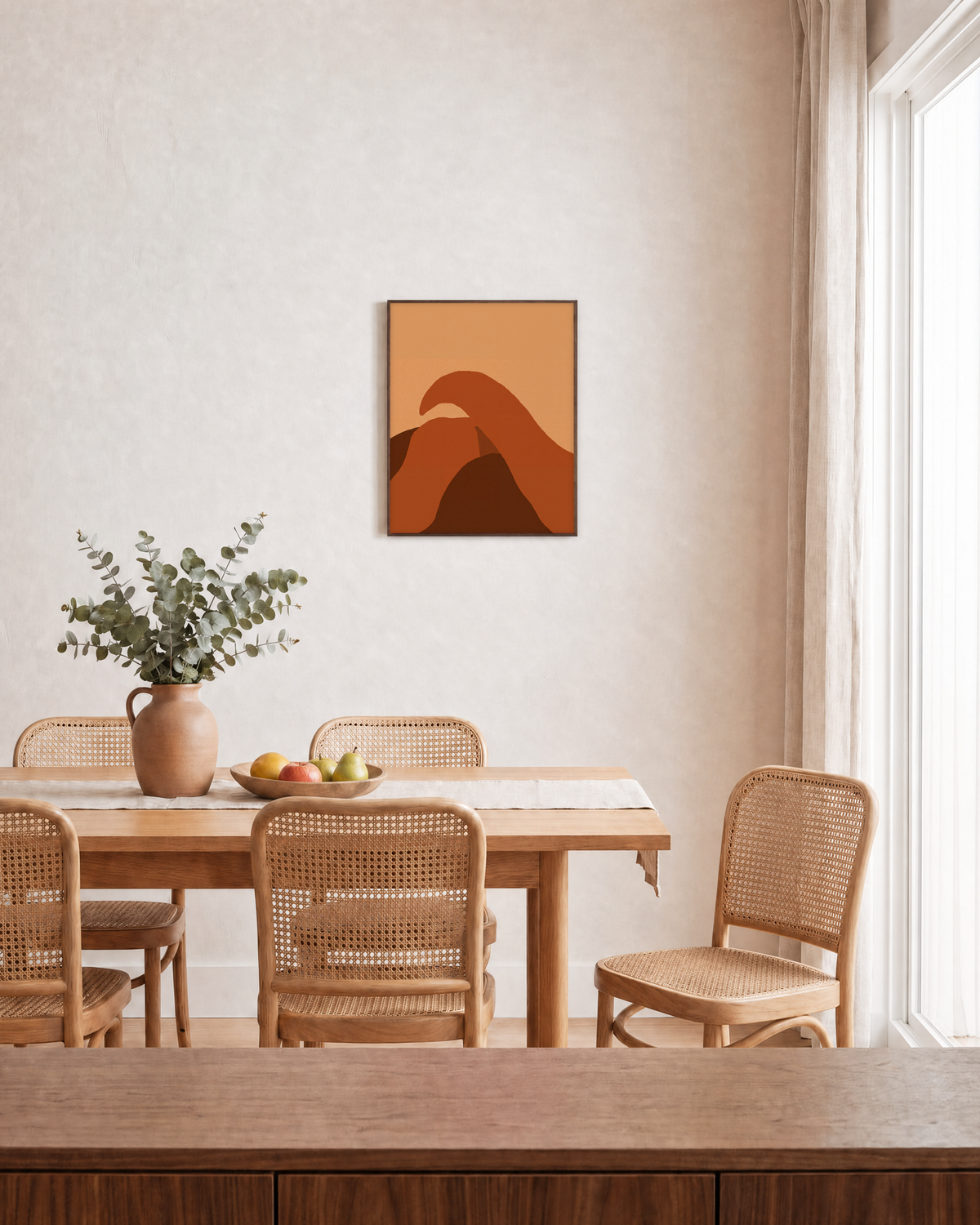 Terracotta Arc on Peach burnt orange abstract wall art: unframed print is shown framed for styling in a dining room; frame not included