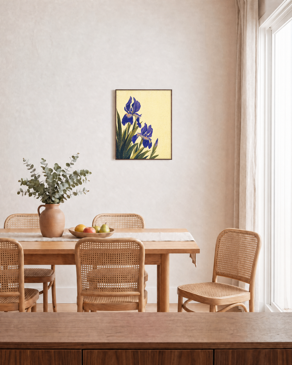 Blue Folk Stem unframed print is shown framed for styling in a dining room; frame not included