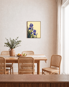 Blue Folk Stem unframed print is shown framed for styling in a dining room; frame not included
