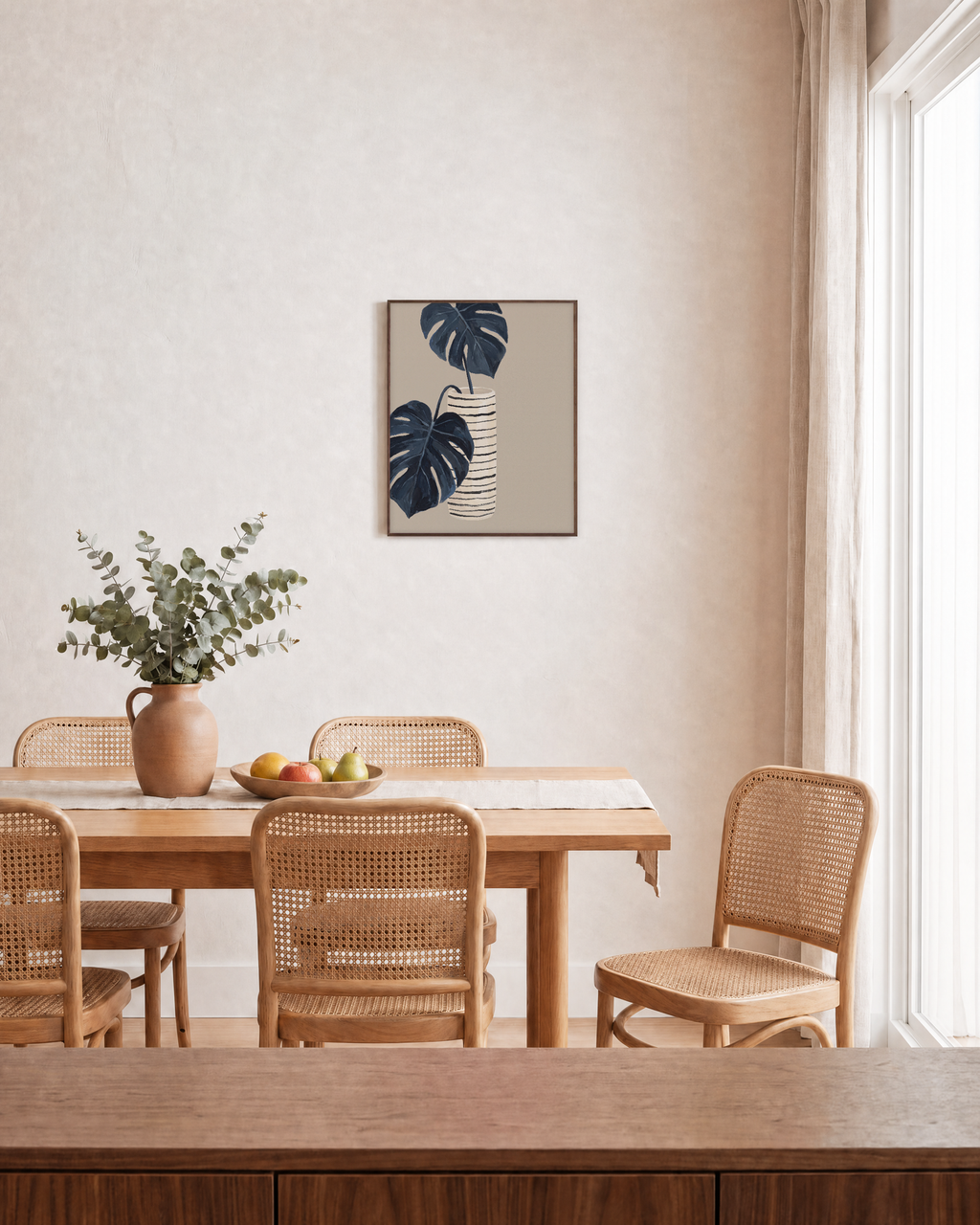 Dark Leaves over Striped Pot striped vase botanical wall art print: unframed print is shown framed for styling in a dining room; frame not included