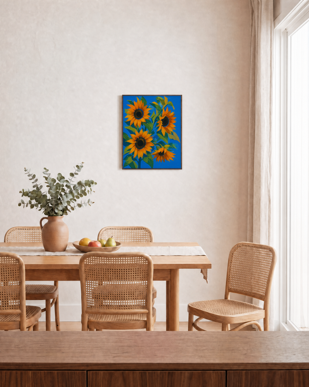 Sunflower Hour sunflower art print: unframed print is shown framed for styling in a dining room; frame not included