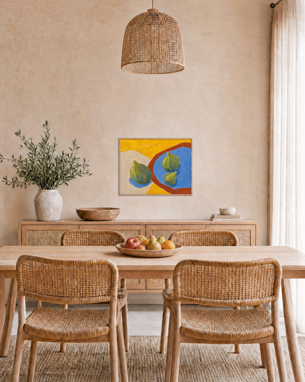 Three Figs Press edition unframed print is shown framed for styling in a dining room; Frame not included