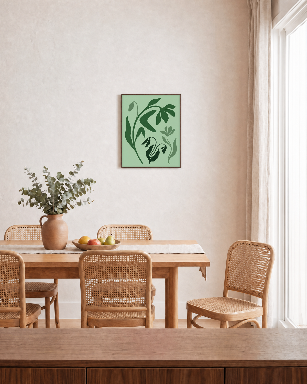 Drooping Green Flower Stems green wildflower wall art print: unframed print is shown framed for styling in a dining room; frame not included