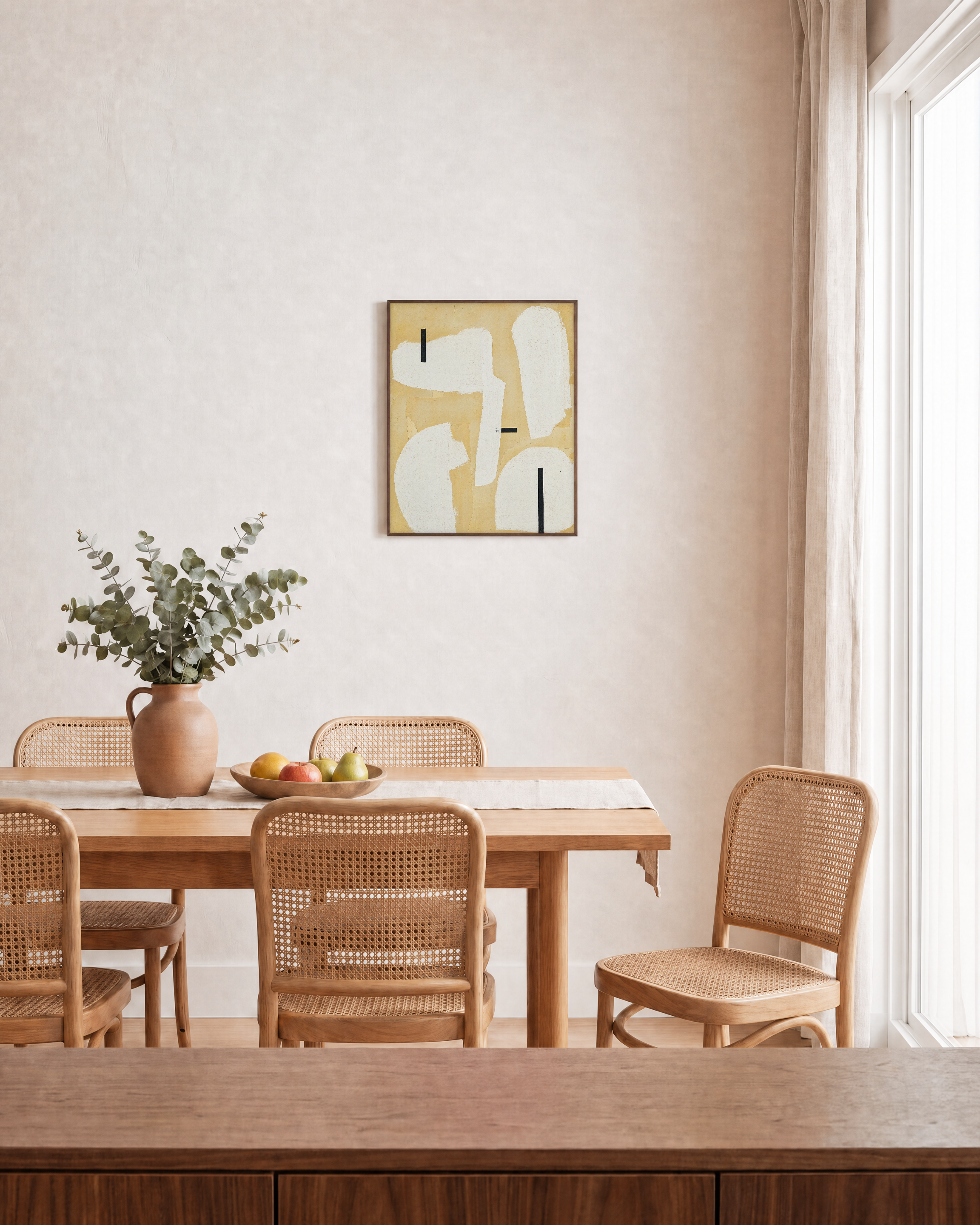 Nine Studies unframed print is shown framed for styling in a dining room; frame not included