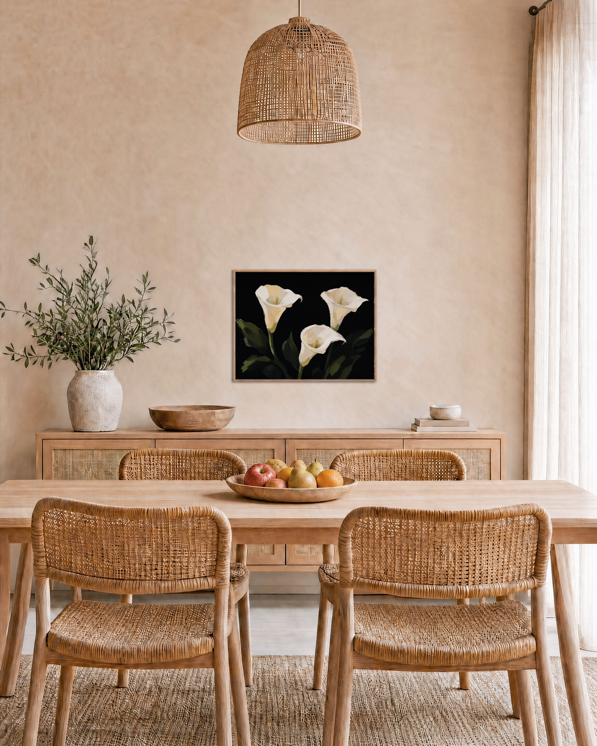Night Callas cream calla lily wall art: unframed print is shown framed for styling in a dining room; frame not included