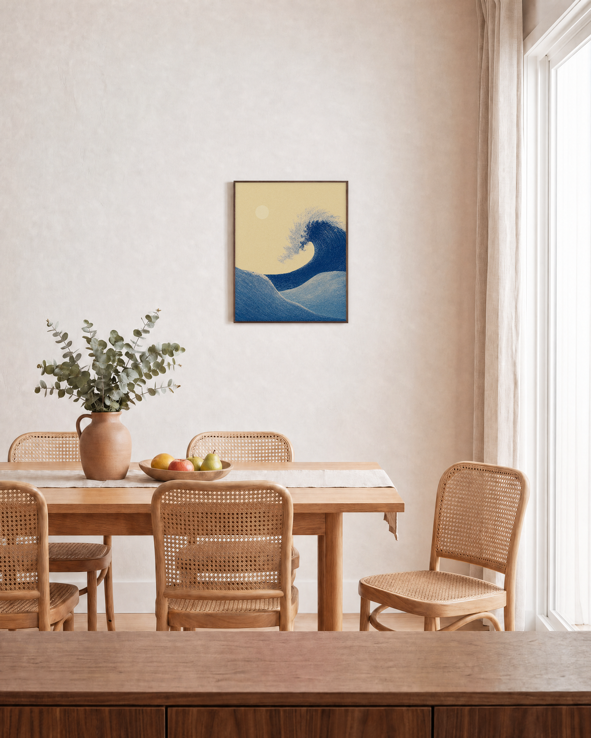 Indigo Wave Crest unframed print is shown framed for styling in a dining room; frame not included