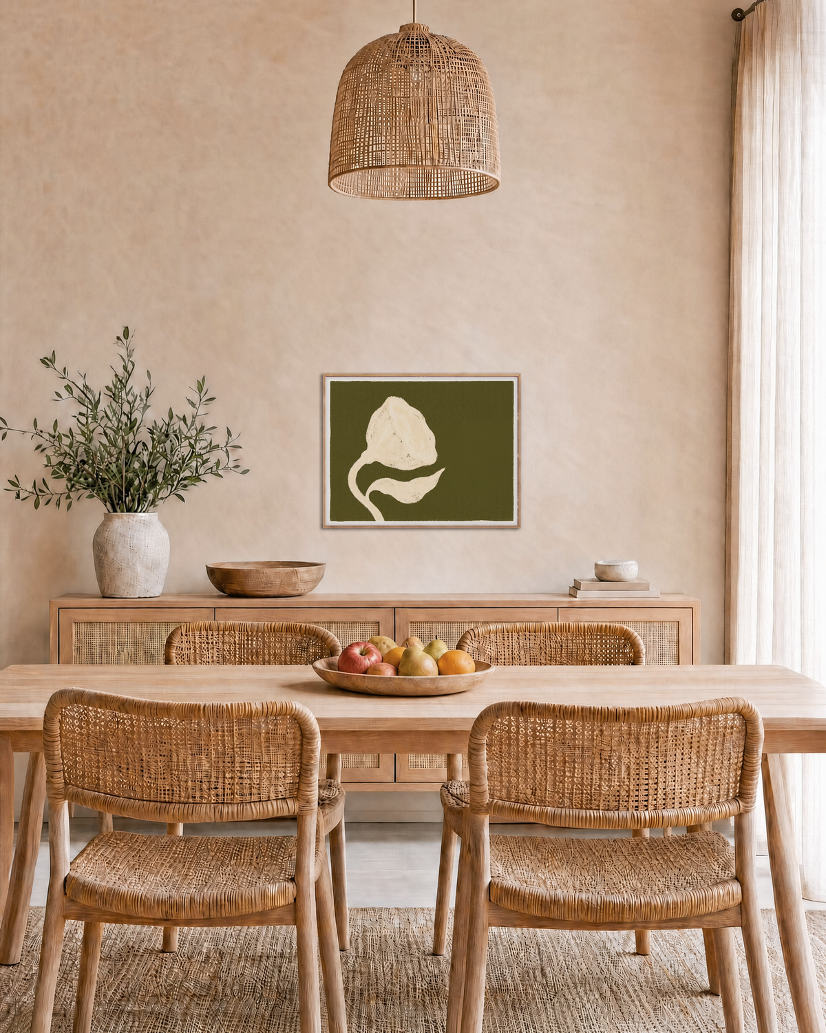 Ivory Seed Pod on Olive Field olive green floral wall art print: unframed print is shown framed for styling in a dining room; frame not included