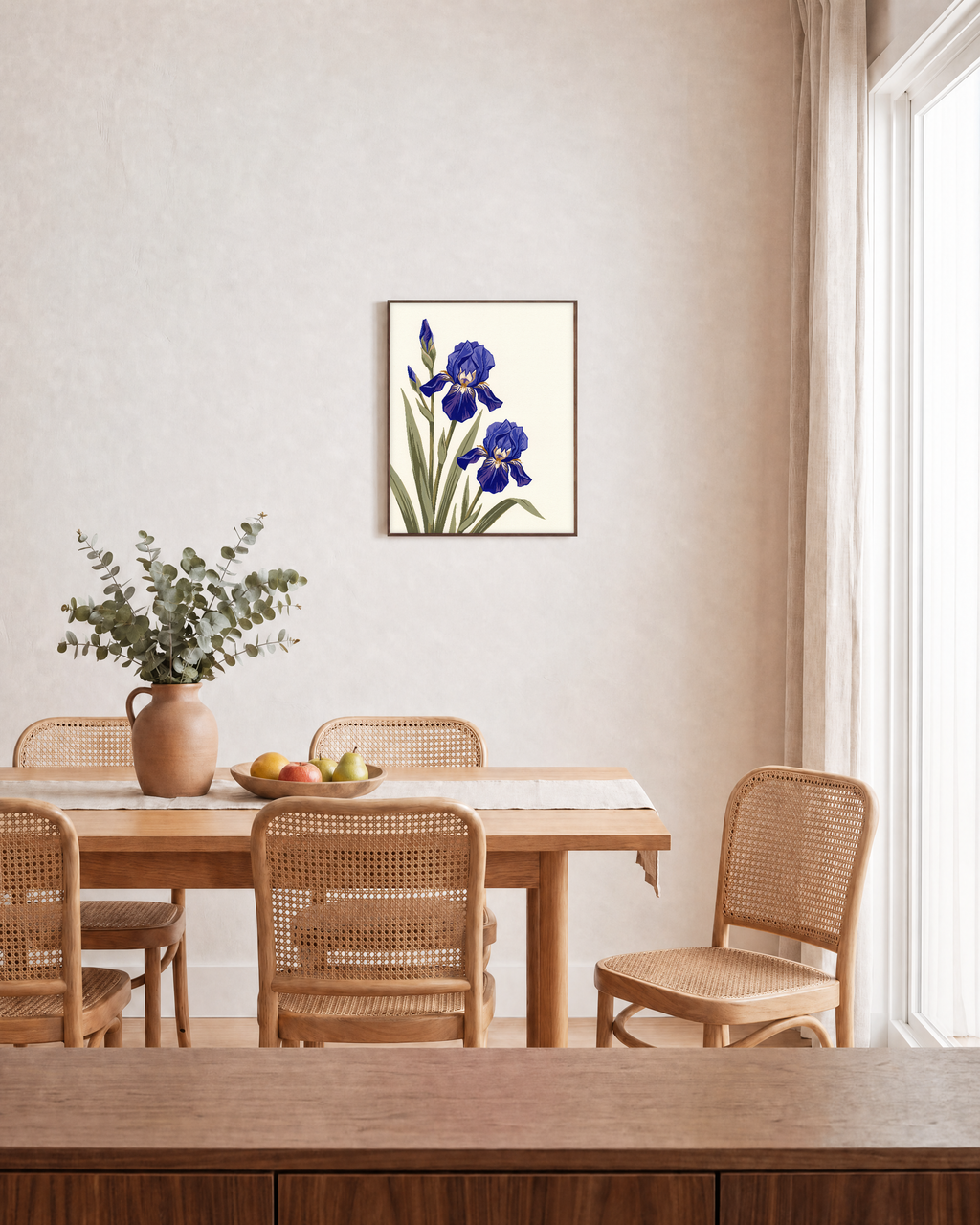Blue Folk Stem unframed print is shown framed for styling in a dining room; frame not included