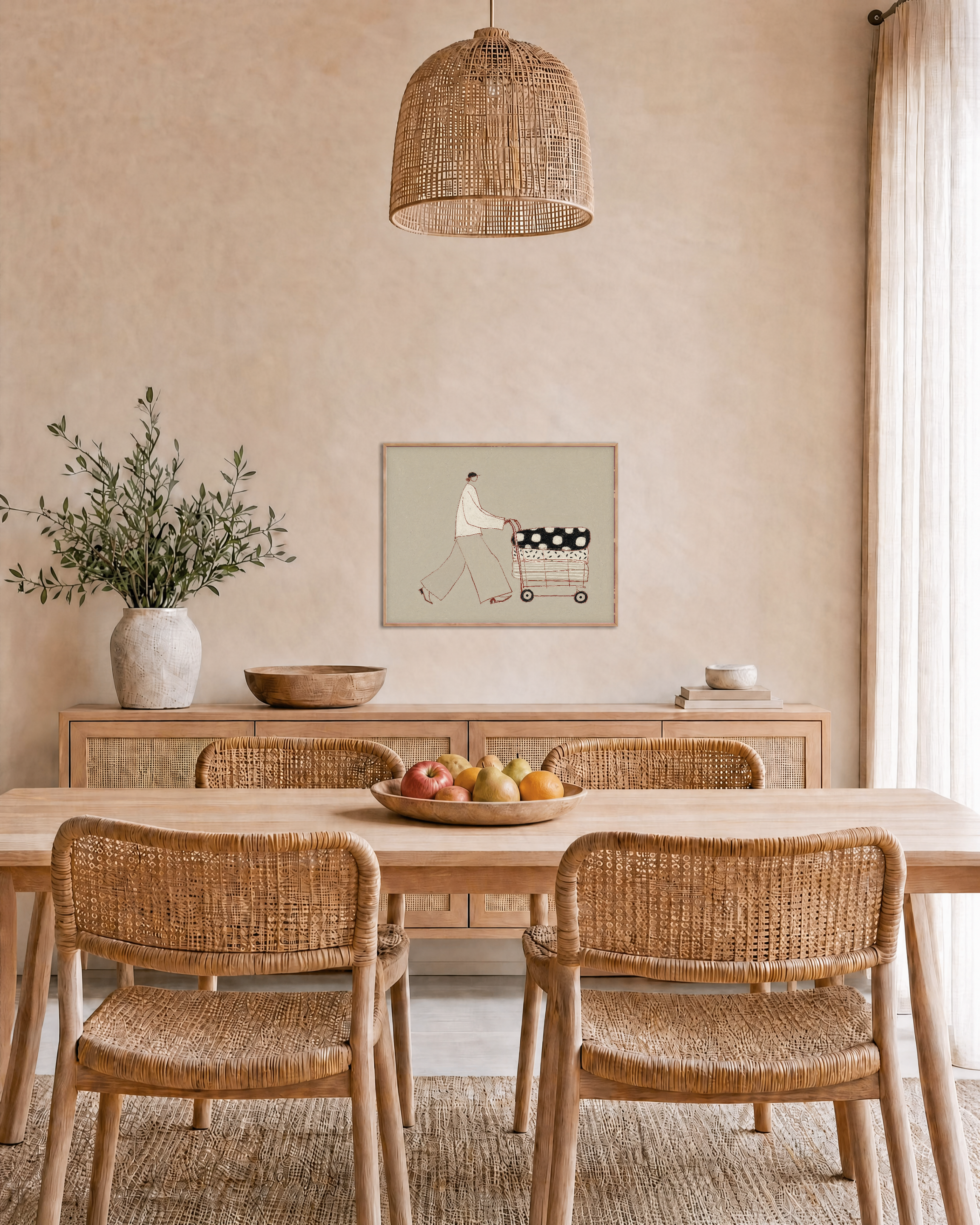 Carry Pattern unframed print is shown framed for styling in a dining room; frame not included