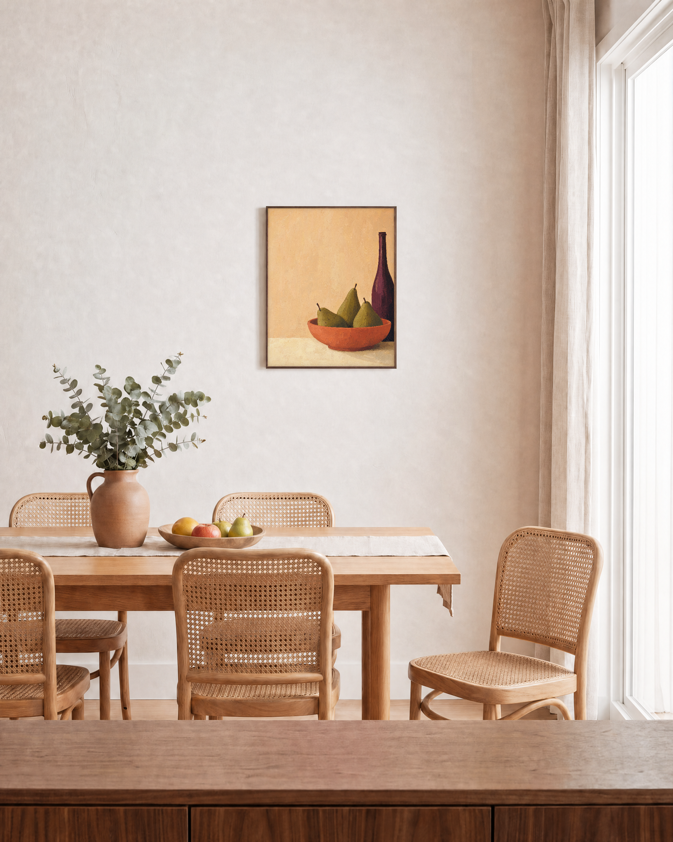 Red Vessel Cluster Press edition unframed print is shown framed for styling in a dining room; Frame not included