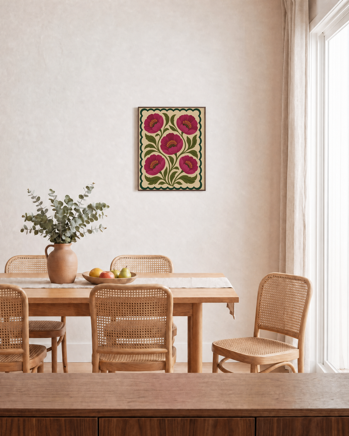 Poppy Medallion magenta poppy wall art: unframed print is shown framed for styling in a dining room; frame not included