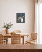 Teal Willow Pitcher unframed print is shown framed for styling in a dining room; frame not included
