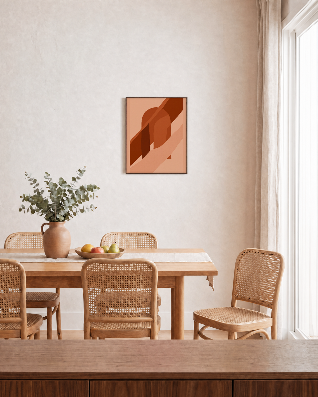 Brown Bands Across Orange Arch burnt orange geometric wall art: unframed print is shown framed for styling in a dining room; frame not included