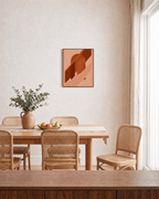Brown Bands Across Orange Arch burnt orange geometric wall art: unframed print is shown framed for styling in a dining room; frame not included